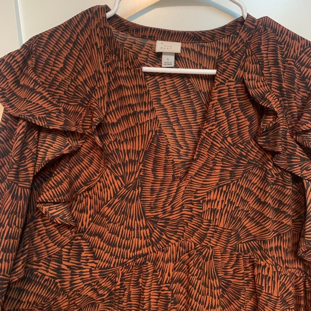 Navy & Rust Colored Ruffle Detailed Dress - Picture 6 of 6